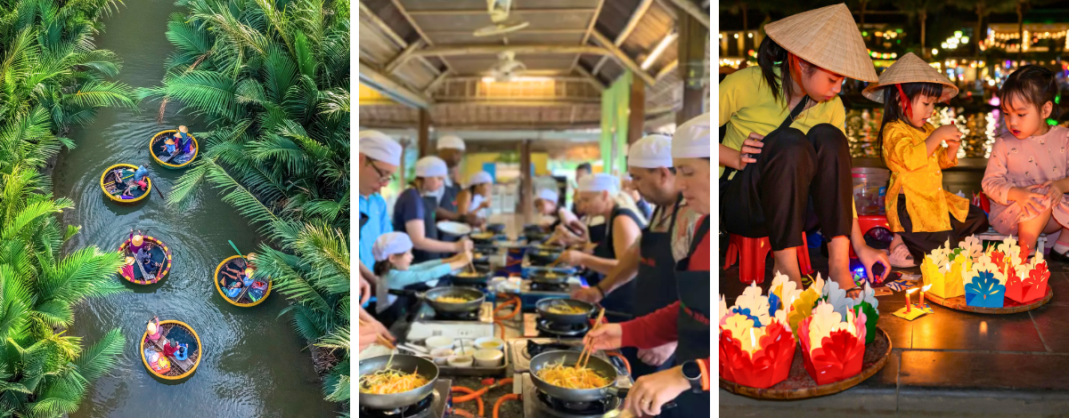 迦南島竹籃船→越式廚藝料理教室&釣小螃蟹→會安古鎮→會安三寶(白玫瑰、炸雲吞、高樓麵)→秋盆河遊船&水燈祈福